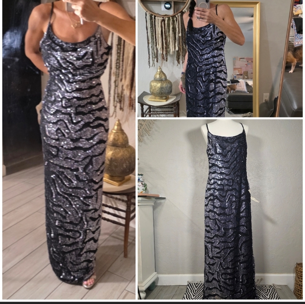 Mark & John by Gopal Silk Sequin Gown Blue Metallic Bias Cut Y2K Slip Dress L